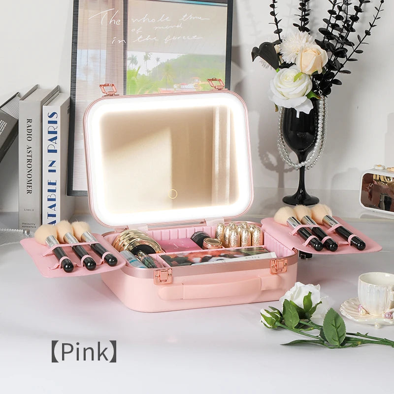 Portable Makeup Organizer Box with LED Light & Mirror – Travel-Friendly Cosmetic Train Case for Brushes box