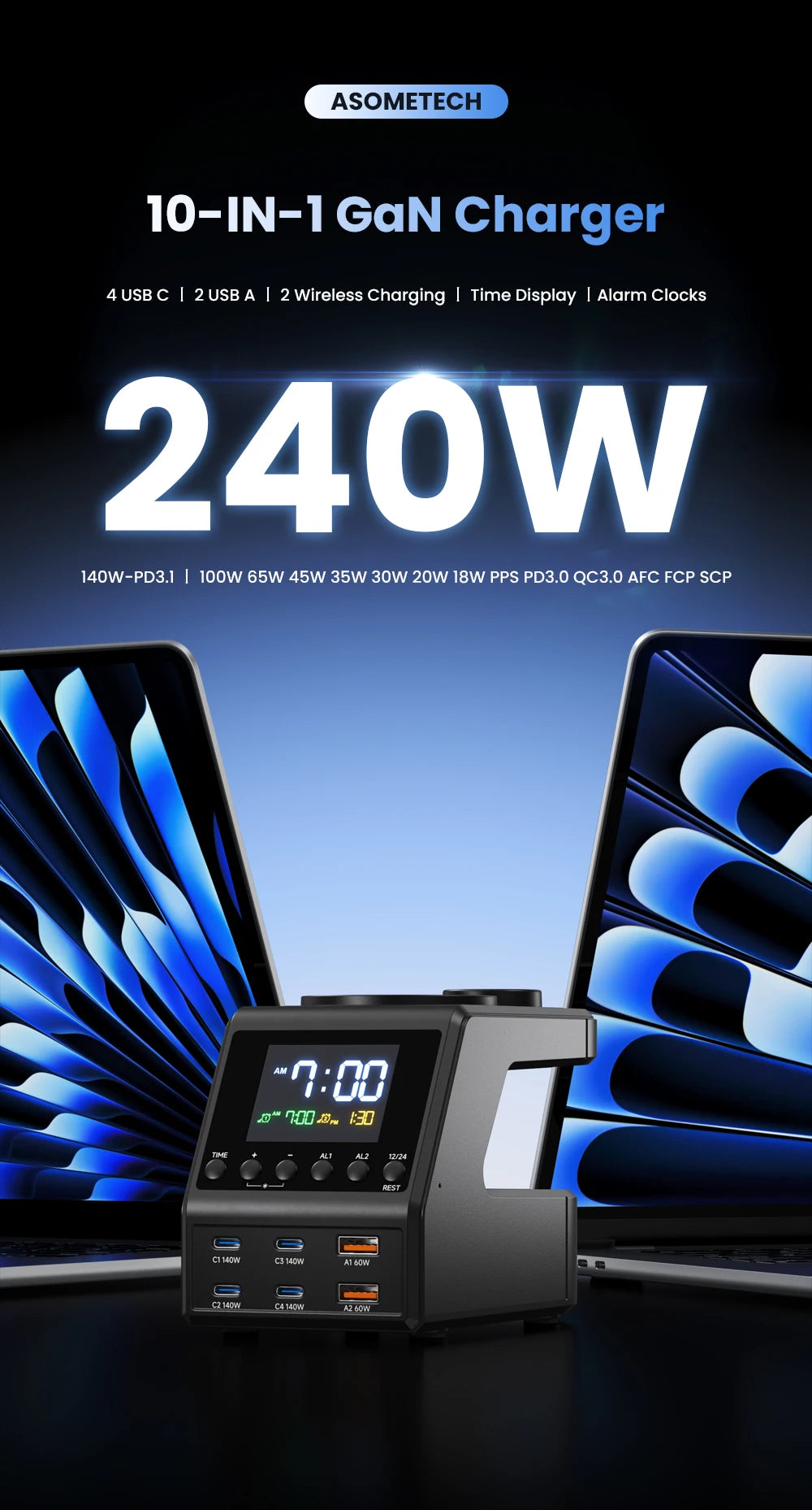 240W GaN Charger Station 4×140W PD3.1 USB Type C Wireless Fast Charger for MacBook iPad Samsung Alarm Clock Time Display