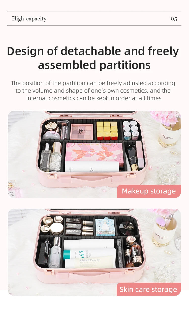 Lighted Makeup Case with Mirror - Portable Travel Makeup Organizer with LED Mirror, 3 Light Settings, Rechargeable Makeup Bag w