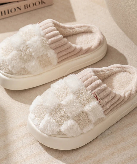 Fashion Couple Winter Toe Wrap Warm Plaid Cotton Slippers Thick Soft Sole Slides Men Women Indoor Floor Flat Home Non-slip Shoes