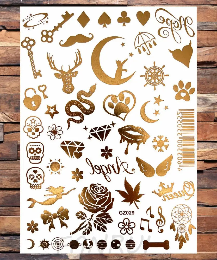 Sexy Sun Moon Star Temporary Tattoo Women Party Body Arm Art Fake Flash Tatoos Gold Metallic Tattoo Stickers Girl Bracelet Wrist