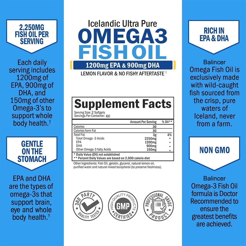 Fish Oil Omega 3 Contains EPA 1200mg & DHA 900mg - for Joints, Eyes, Cognitive Supplement, Non-GMO, Gluten Free