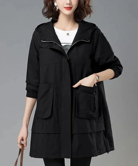 2024 Women Trench Coat With Hooded Tops Autumn New Coat Long-Sleeved Loose Mid-Length Outerwear Female Windbreaker