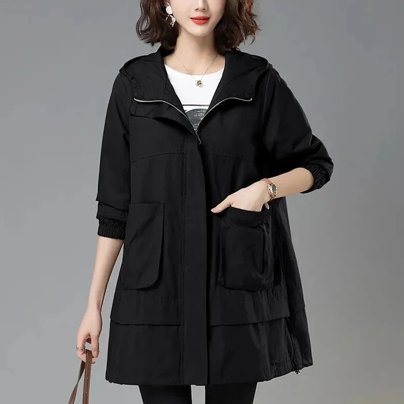 2024 Women Trench Coat With Hooded Tops Autumn New Coat Long-Sleeved Loose Mid-Length Outerwear Female Windbreaker