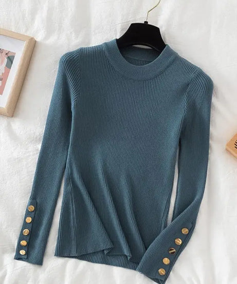 2025 women thick sweater pullovers khaki casual autumn winter button o-neck chic sweater female slim knit top soft jumper tops