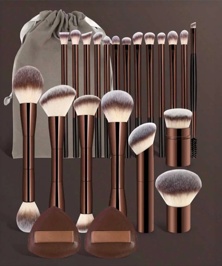 22pcs Professional Makeup Tools Set With Velvet Bag,20pcs Soft Long Aluminum Tube Makeup Brush Set+2pcs Powder Puffs Accessories