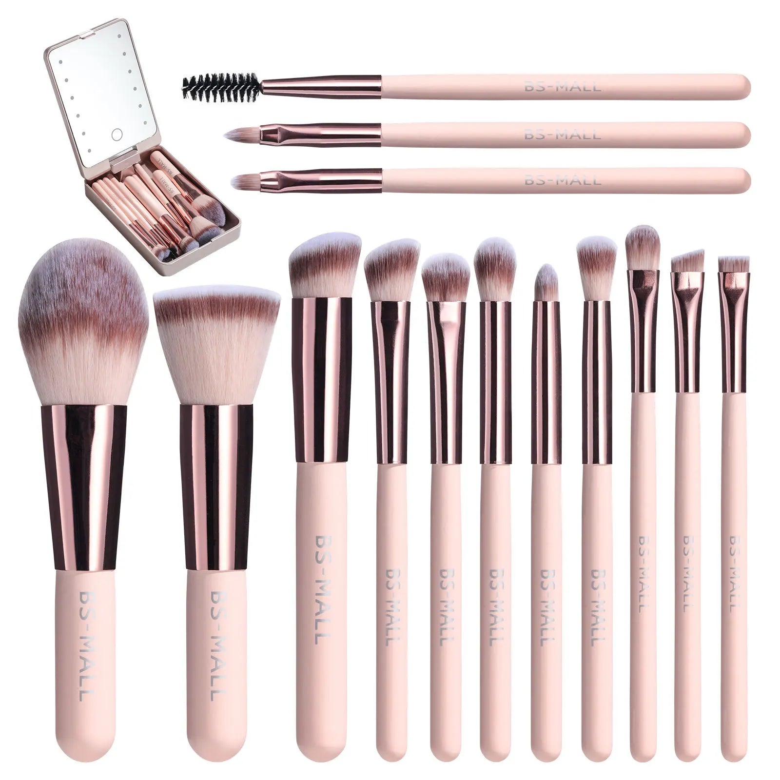 Travel Makeup Brush Set Small Portable With LED mirror and 14 pcs Makeup Brushes For Women Beauty Makeup Kit And Storage Box