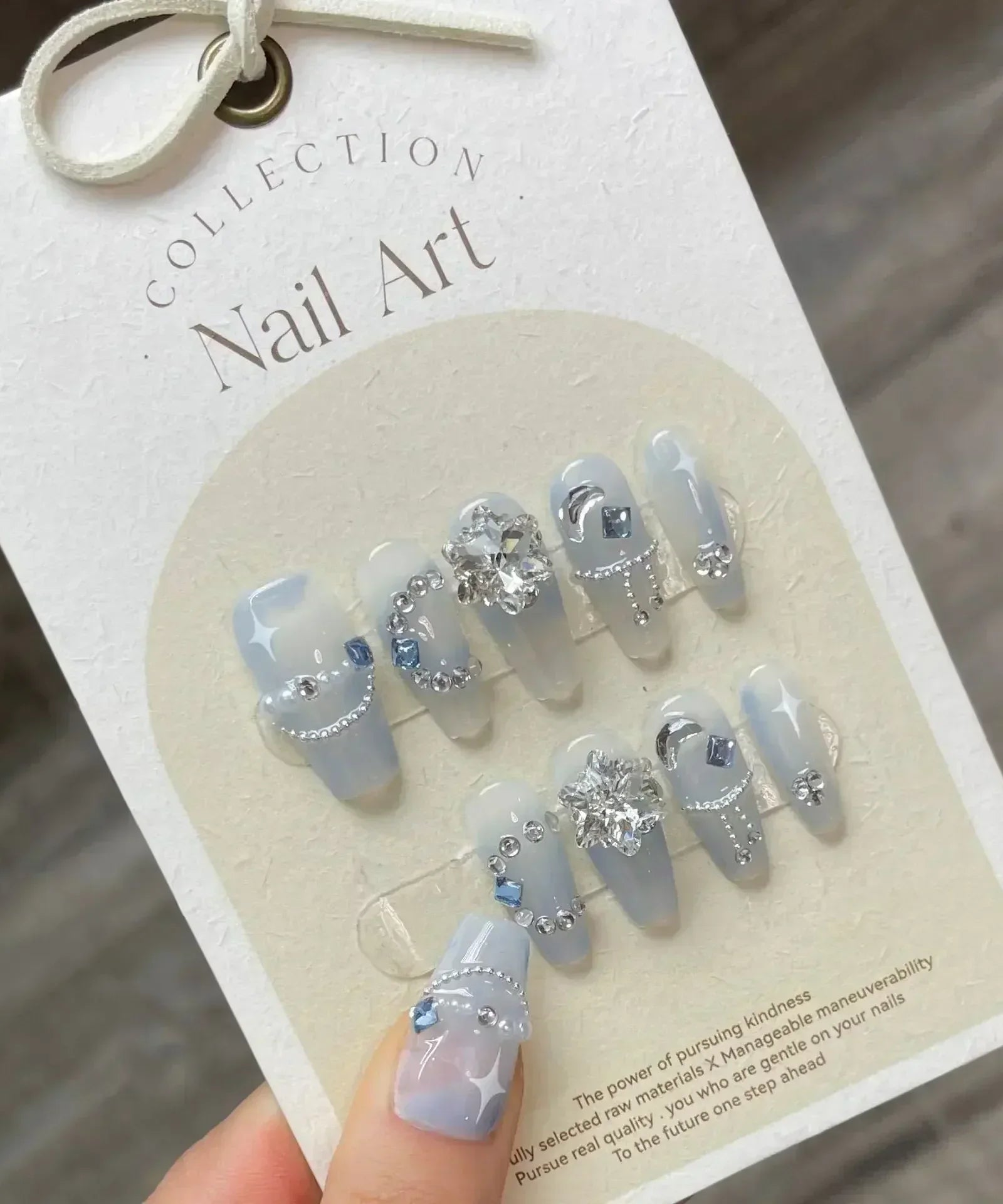10Pcs Handmade Press on Nails Long Ballet Blue Fake Nails with 3D Ocean Moon Rhinestone Design False Nails Full Cover Nail Tips