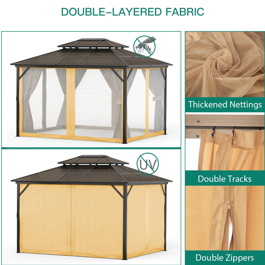 Hardtop Gazebo 10'x13',Double Polycarbonate Sheets Roof,Aluminum Alloy Frame,Net,and Curtain,for Patio Backyard Garden