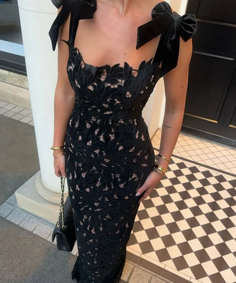 Lace Crochet Bow Slip Dress Hollow Out Slim Fit Club Party Gown Robes Sexy Backless Women Vacation Beach Suspender Long Dresses