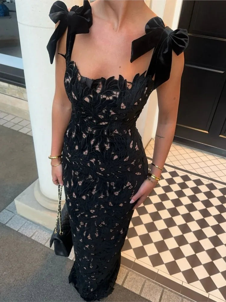 Lace Crochet Bow Slip Dress Hollow Out Slim Fit Club Party Gown Robes Sexy Backless Women Vacation Beach Suspender Long Dresses