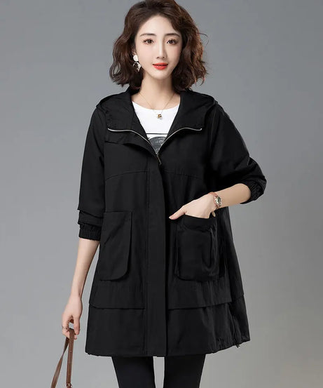 2024 Women Trench Coat With Hooded Tops Autumn New Coat Long-Sleeved Loose Mid-Length Outerwear Female Windbreaker