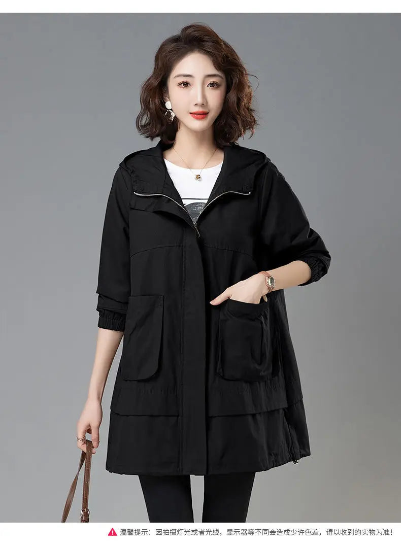 2024 Women Trench Coat With Hooded Tops Autumn New Coat Long-Sleeved Loose Mid-Length Outerwear Female Windbreaker