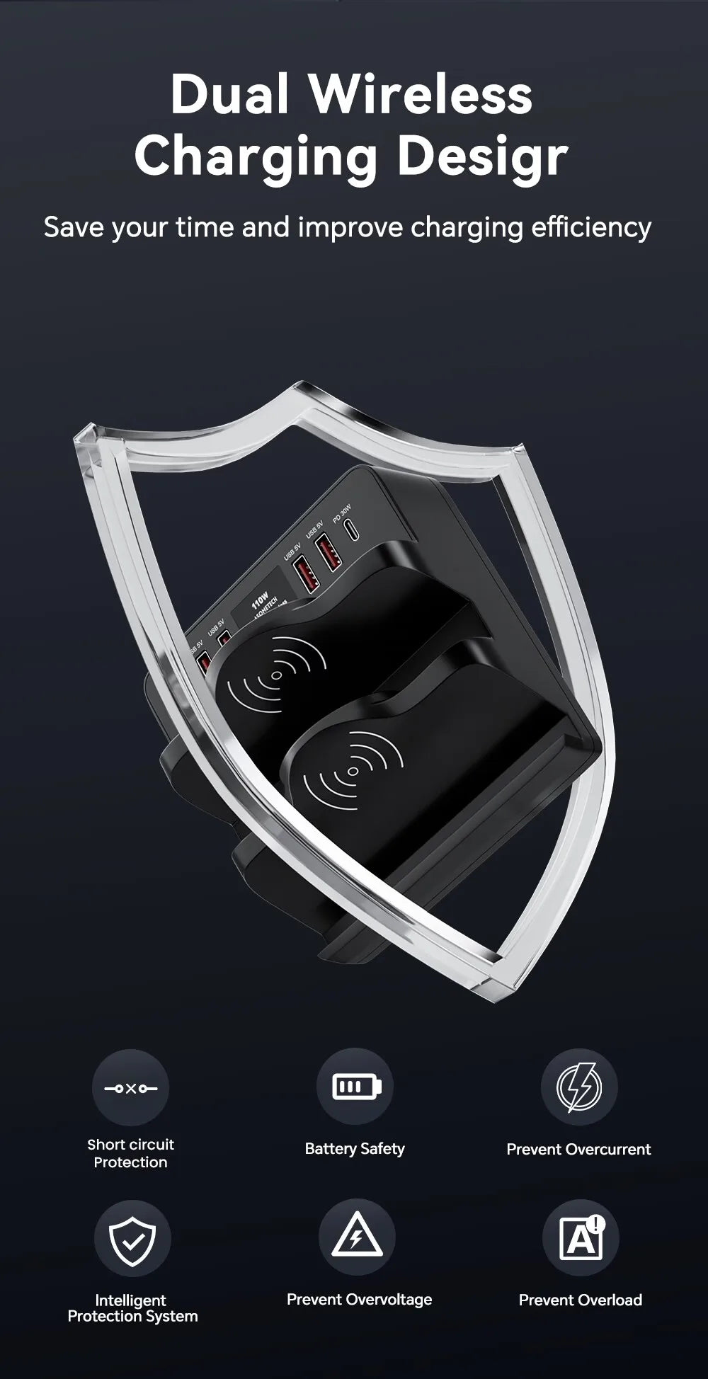 110W 6 Port USB Charger Station Dual Fast Wireless Charging Type C QC3.0 PD3.0 65W Quick Charge For iPhone Xiaomi Samsung Laptop