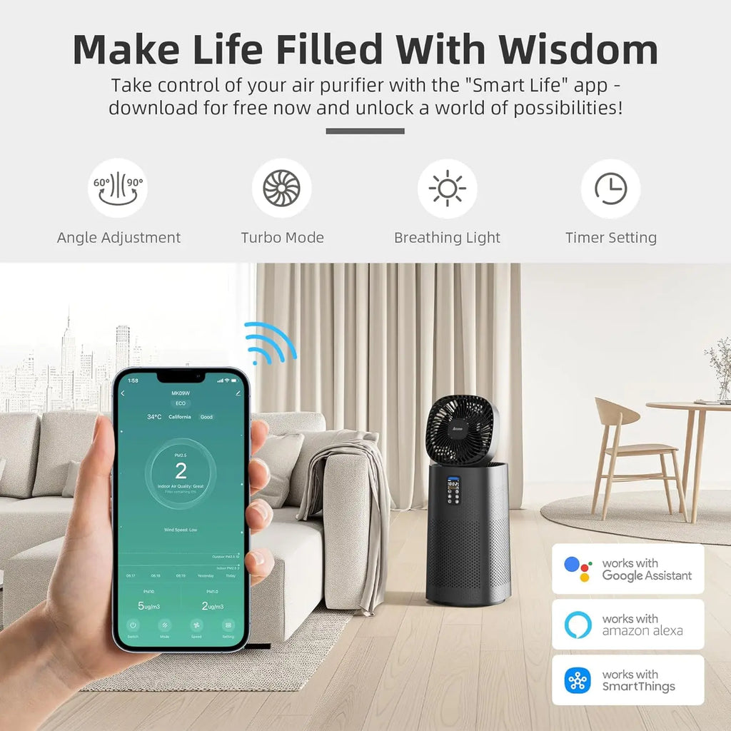 Aroeve Air Purifier Fan 1980 Sq.ft Washable Filter Smart App Wifi Control Quite Angle Adjustable Air 2-In-1 Circulator System