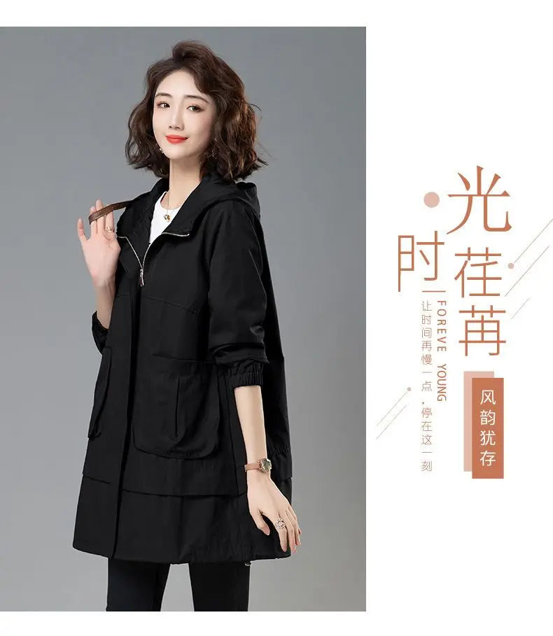 2024 Women Trench Coat With Hooded Tops Autumn New Coat Long-Sleeved Loose Mid-Length Outerwear Female Windbreaker