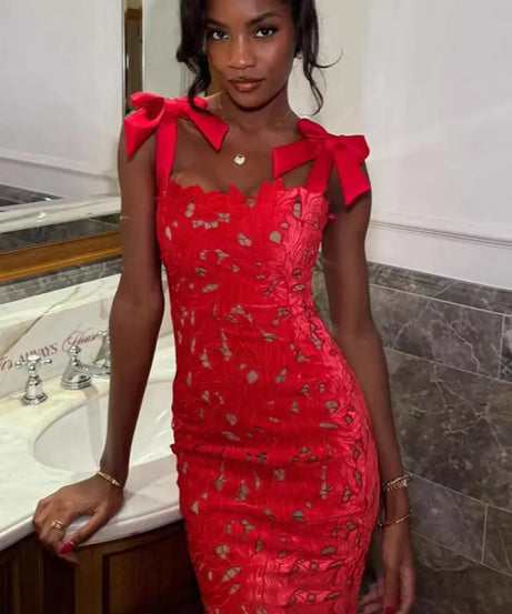 Lace Crochet Bow Slip Dress Hollow Out Slim Fit Club Party Gown Robes Sexy Backless Women Vacation Beach Suspender Long Dresses