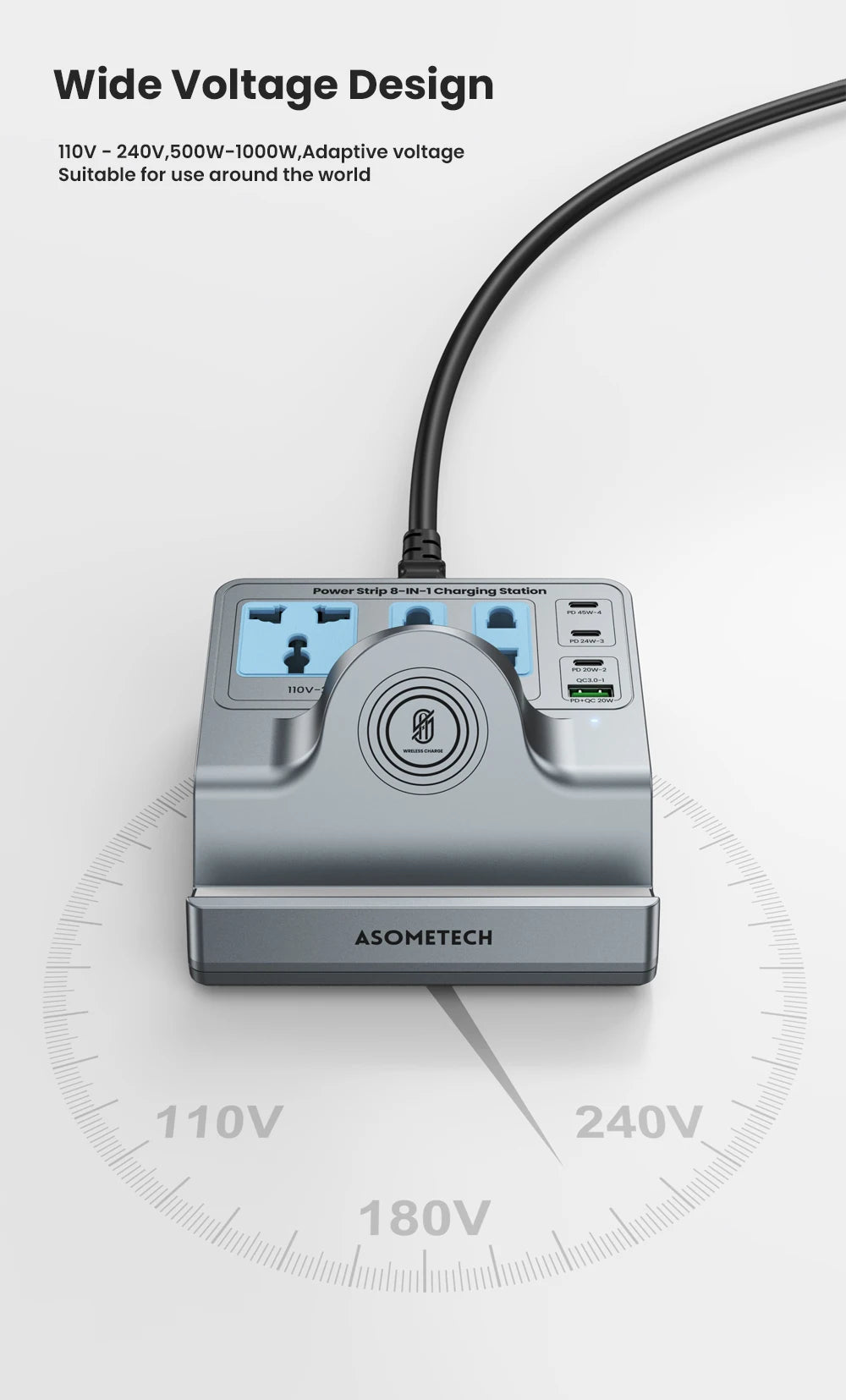 72W Fast Charging Station With Wireless Charger 3 Socket Outlets 4 USB Porst Power Strip Adapte For iPhone 14 Samsung Laptop