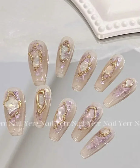 10Pcs Handmade Press on Nails Long Ballet Blue Fake Nails with 3D Ocean Moon Rhinestone Design False Nails Full Cover Nail Tips