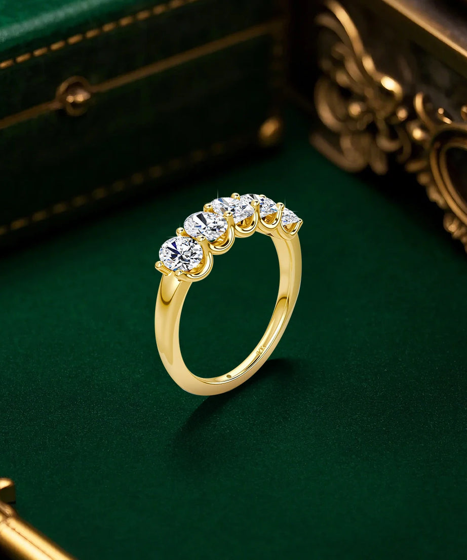 Oval 14K Yellow Gold Engagement Ring GRA Certified Moissanite Row Band 5 Stone 1.5ctw 100% Authentic for Women Wedding Jewelry
