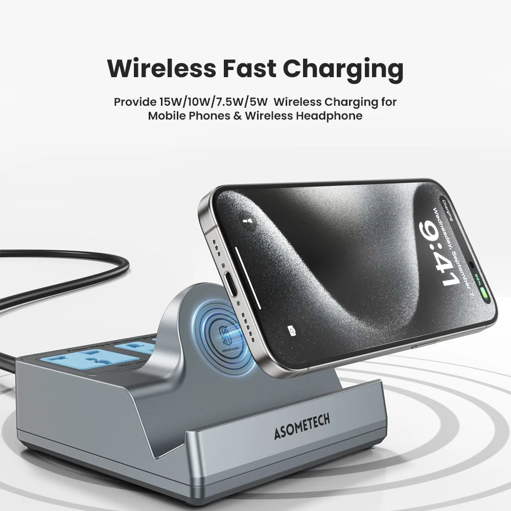 72W Fast Charging Station With Wireless Charger 3 Socket Outlets 4 USB Porst Power Strip Adapte For iPhone 14 Samsung Laptop