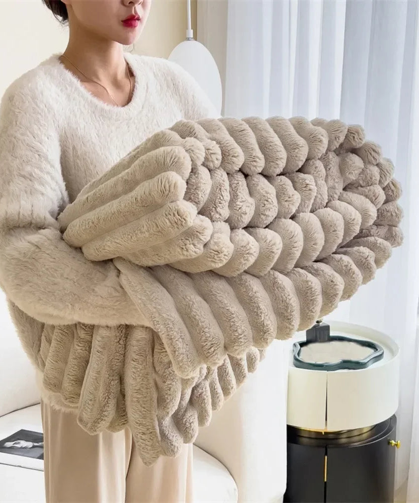 Ultra Soft Faux Rabbit Fur Throw Blanket Warm Plush Striped Blankets Conditioning Quilt Fluffy Throws for Couch Chair Sofa