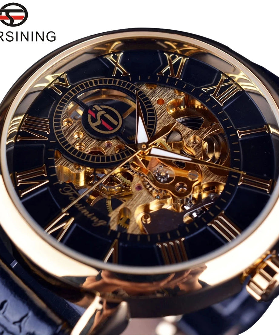 Forsining 3d Logo Design Hollow Engraving Black Golden Case Leather Skeleton Mechanical Watches Men Luxury Brand Heren Horloge