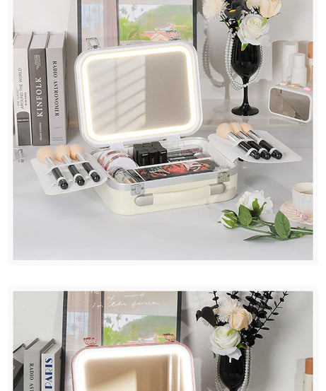 Portable Makeup Organizer Box with LED Light & Mirror – Travel-Friendly Cosmetic Train Case for Brushes box
