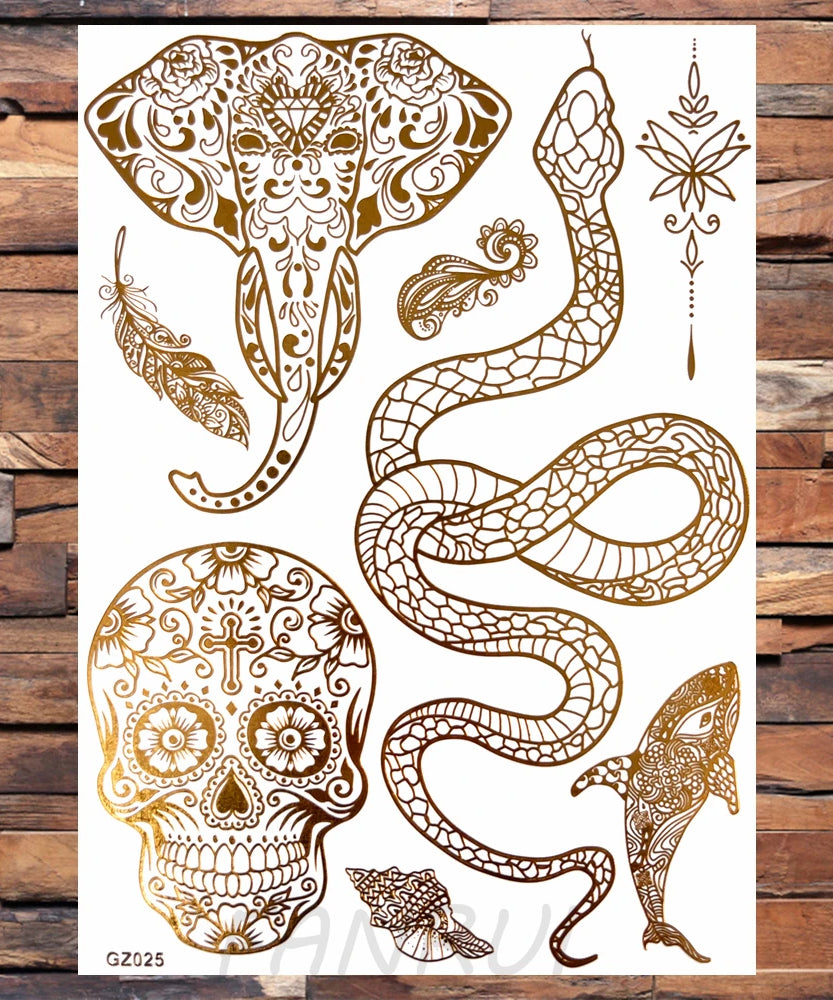 Sexy Sun Moon Star Temporary Tattoo Women Party Body Arm Art Fake Flash Tatoos Gold Metallic Tattoo Stickers Girl Bracelet Wrist