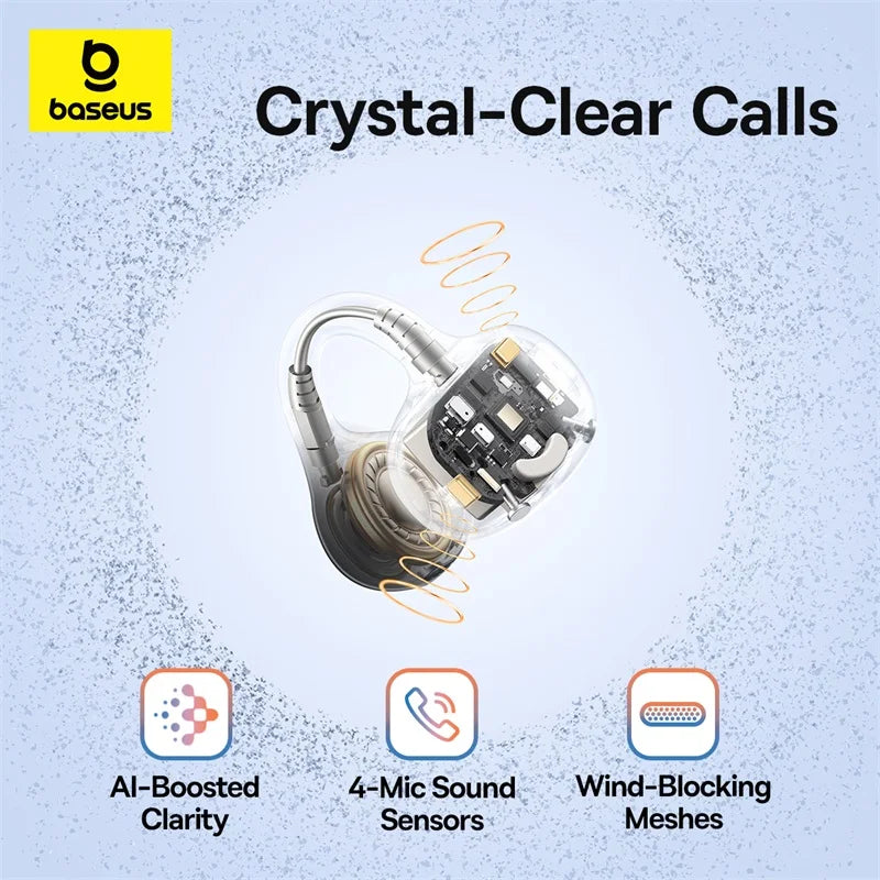 Baseus BC1 Ear Clip Earbuds Open Ear Wireless Earphones Bluetooth 6.0 Clip On Sports Headphones 4-Mics Super Bass IP55 Ear buds