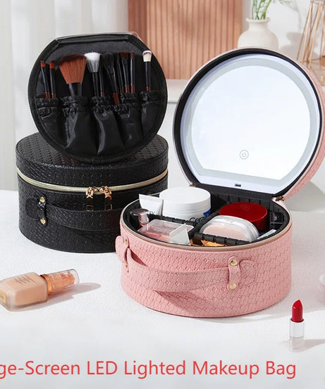 Waterproof Round Vanity Case with LED Light Mirror - Large Capacity, Portable Cosmetic Organizer Bag for Business Trips & Travel