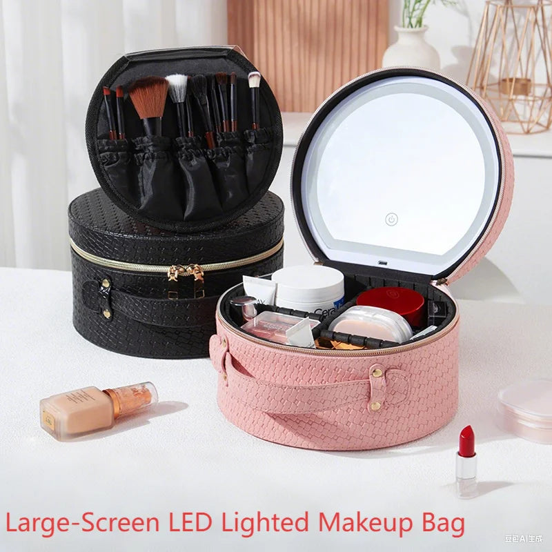 Waterproof Round Vanity Case with LED Light Mirror - Large Capacity, Portable Cosmetic Organizer Bag for Business Trips & Travel