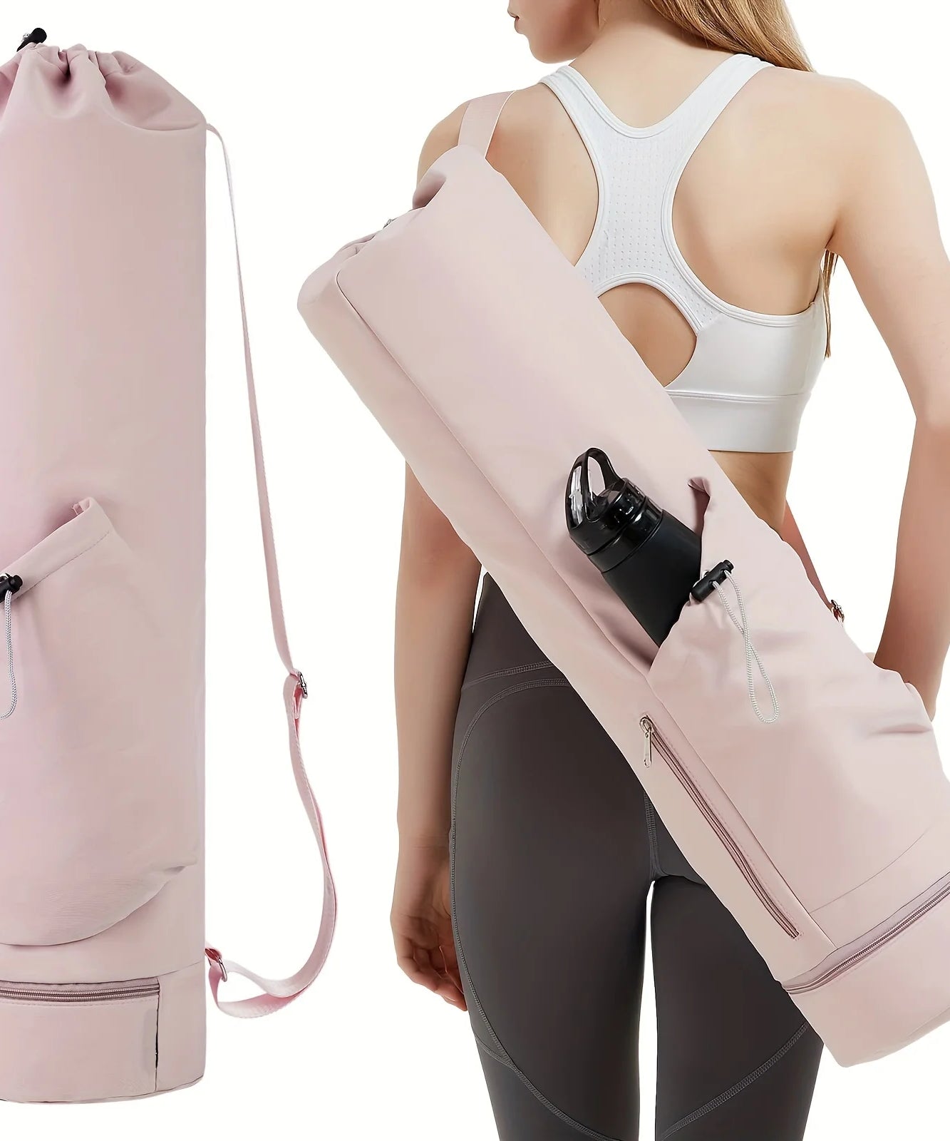 Yoga mat bag with water bottle pocket and bottom wet bag. Sports yoga mat with shoulder strap and multifunctional storage bag
