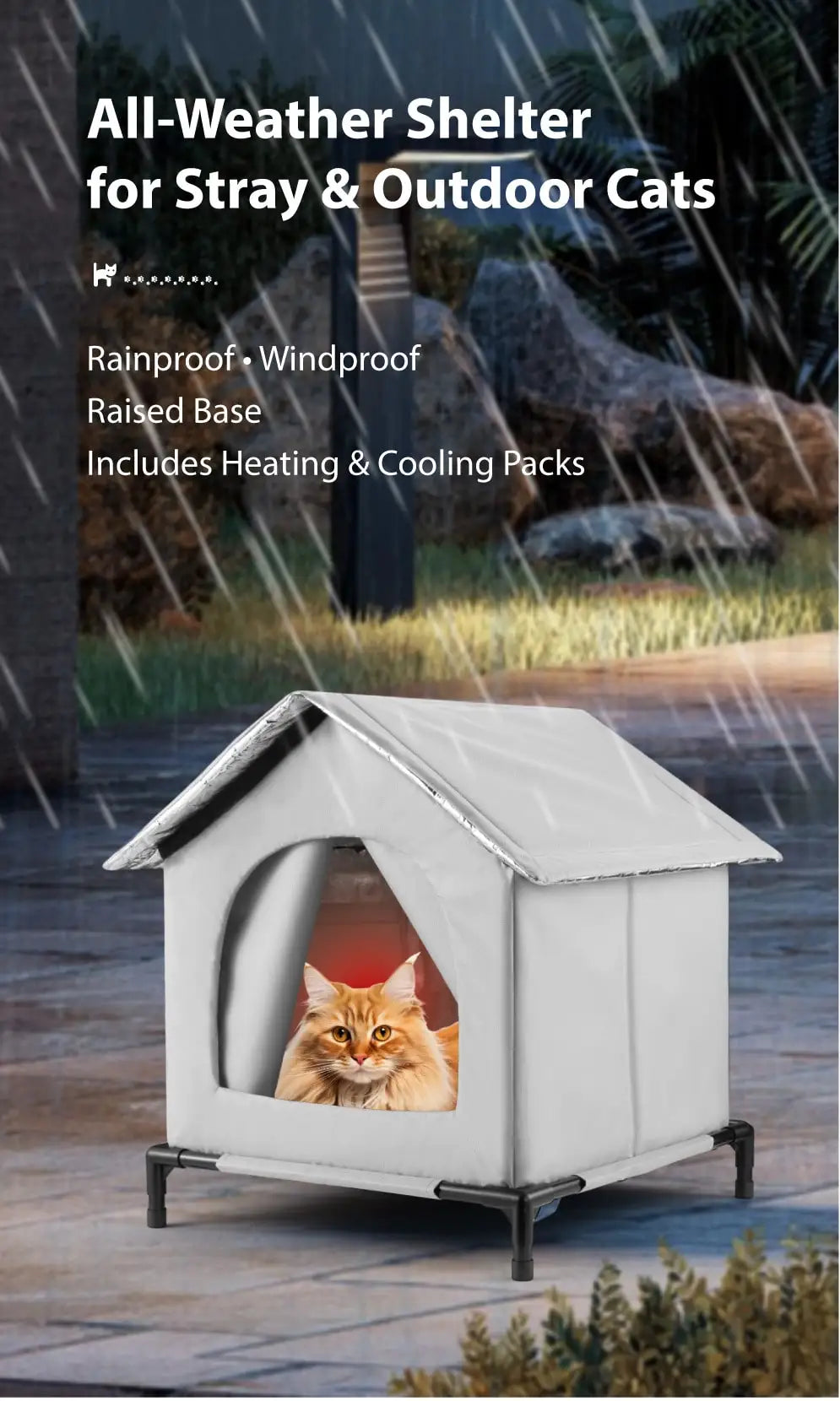 All-Season Waterproof Cat House with Ice Packs & Heating Bags, Foldable Shelter for Indoor & Outdoor Use, Available in 3 Sizes