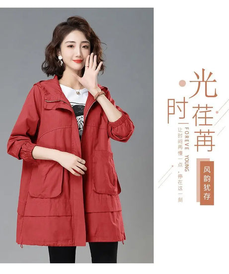 2024 Women Trench Coat With Hooded Tops Autumn New Coat Long-Sleeved Loose Mid-Length Outerwear Female Windbreaker
