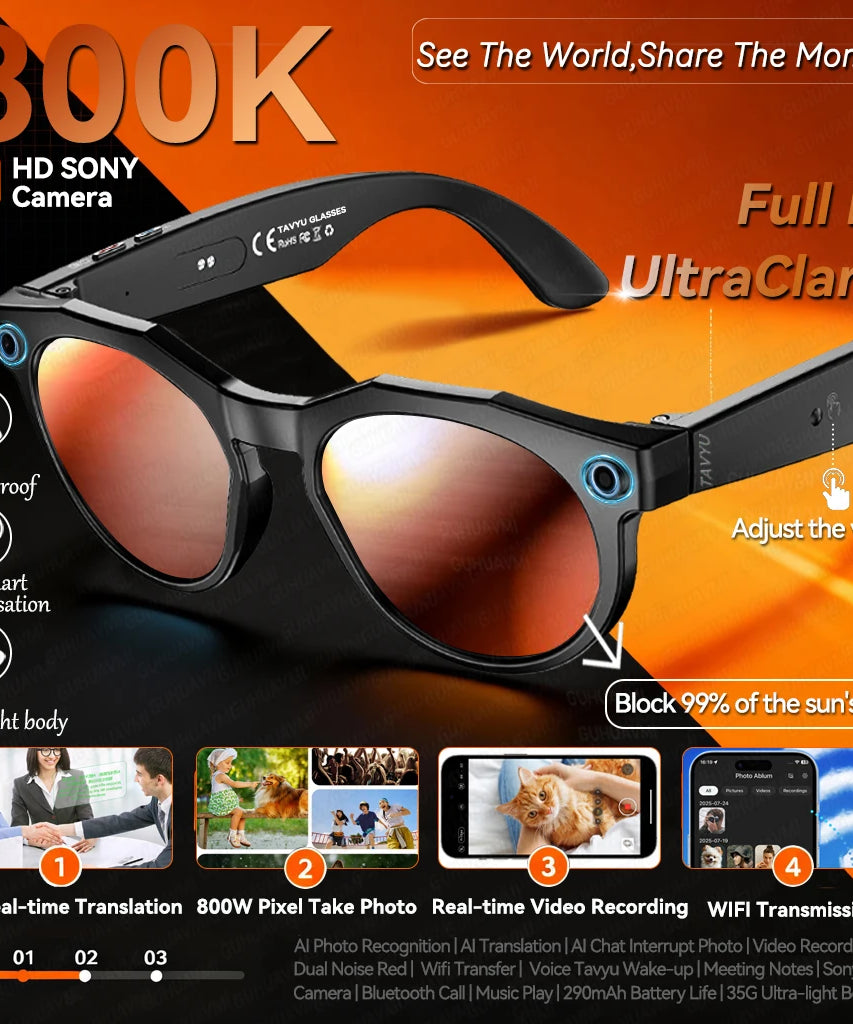 2026 New 4K HD AI Smart Glasses Men 800W Pixel Camera Bluetooth Call 4GB WIFI Transmission Voice Assistant Smart Glasses Women