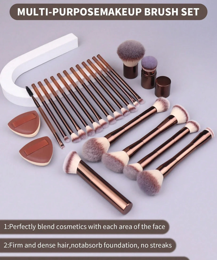 22pcs Professional Makeup Tools Set With Velvet Bag,20pcs Soft Long Aluminum Tube Makeup Brush Set+2pcs Powder Puffs Accessories