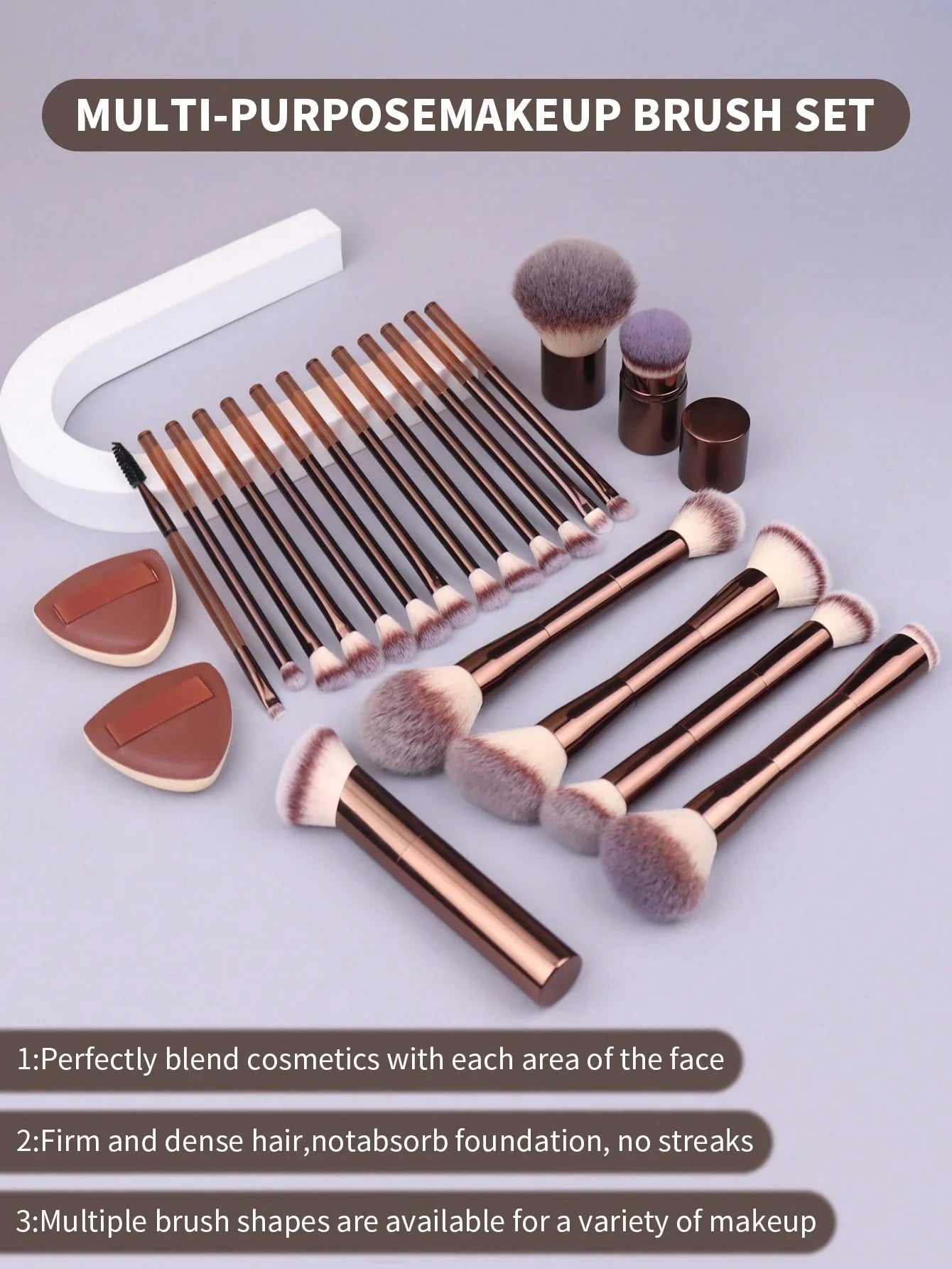 22pcs Professional Makeup Tools Set With Velvet Bag,20pcs Soft Long Aluminum Tube Makeup Brush Set+2pcs Powder Puffs Accessories