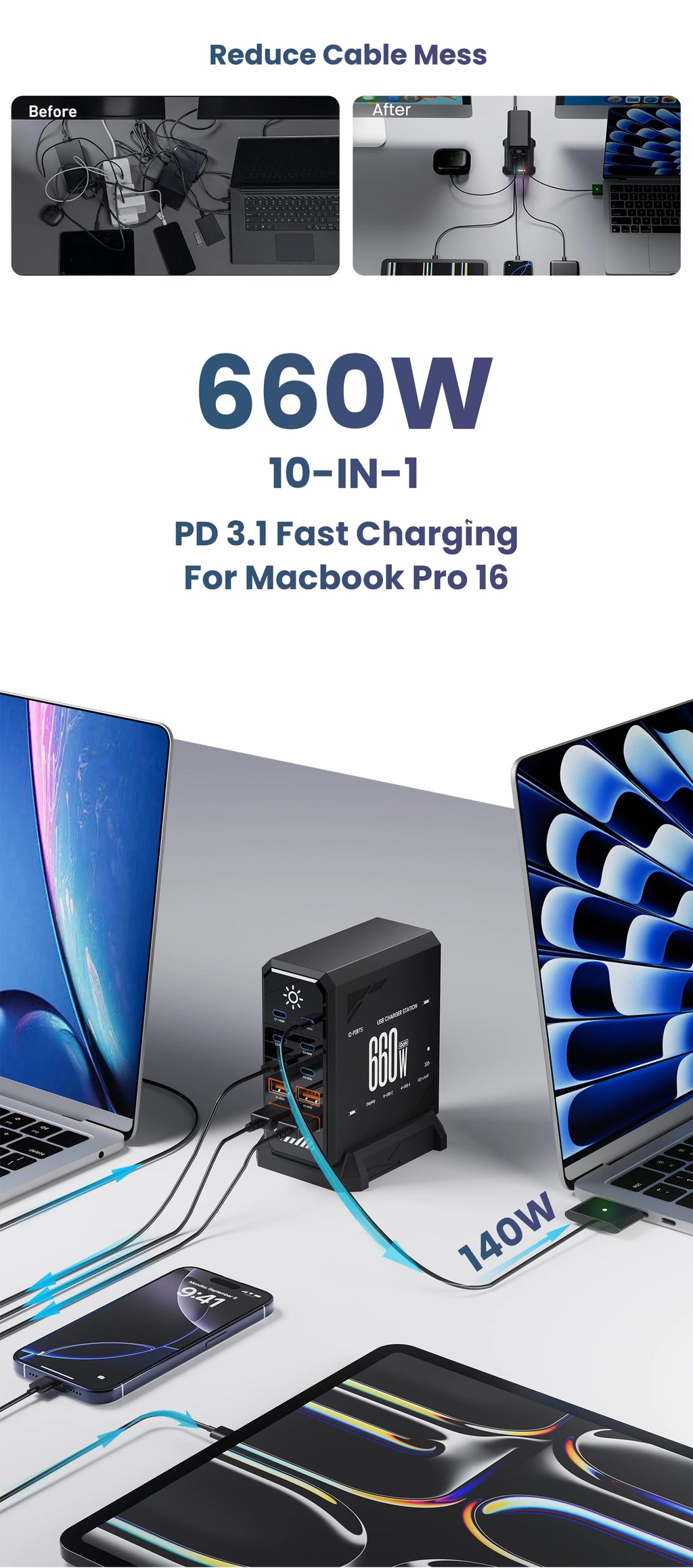 660W GaN USB C Charger Station 10 Port Fast Charger Type C PD3.1 PD3.0 PPS Quick Charger For Macbook Pro iPad iPhone 16 Samsung