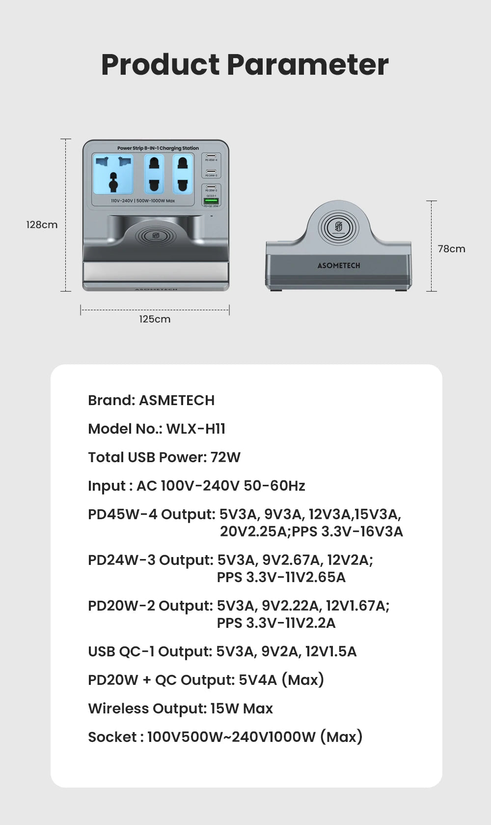 72W Fast Charging Station With Wireless Charger 3 Socket Outlets 4 USB Porst Power Strip Adapte For iPhone 14 Samsung Laptop