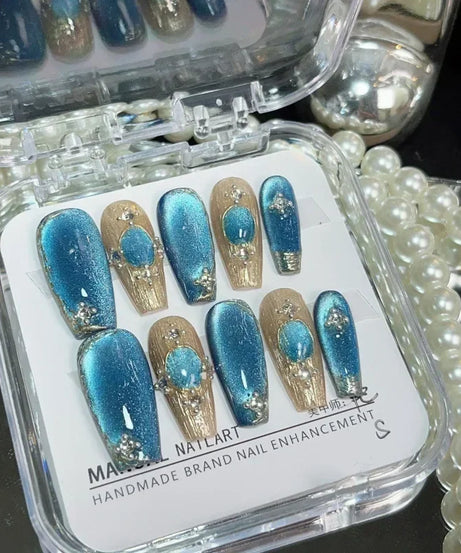 10Pcs Handmade Press on Nails Long Ballet Blue Fake Nails with 3D Ocean Moon Rhinestone Design False Nails Full Cover Nail Tips