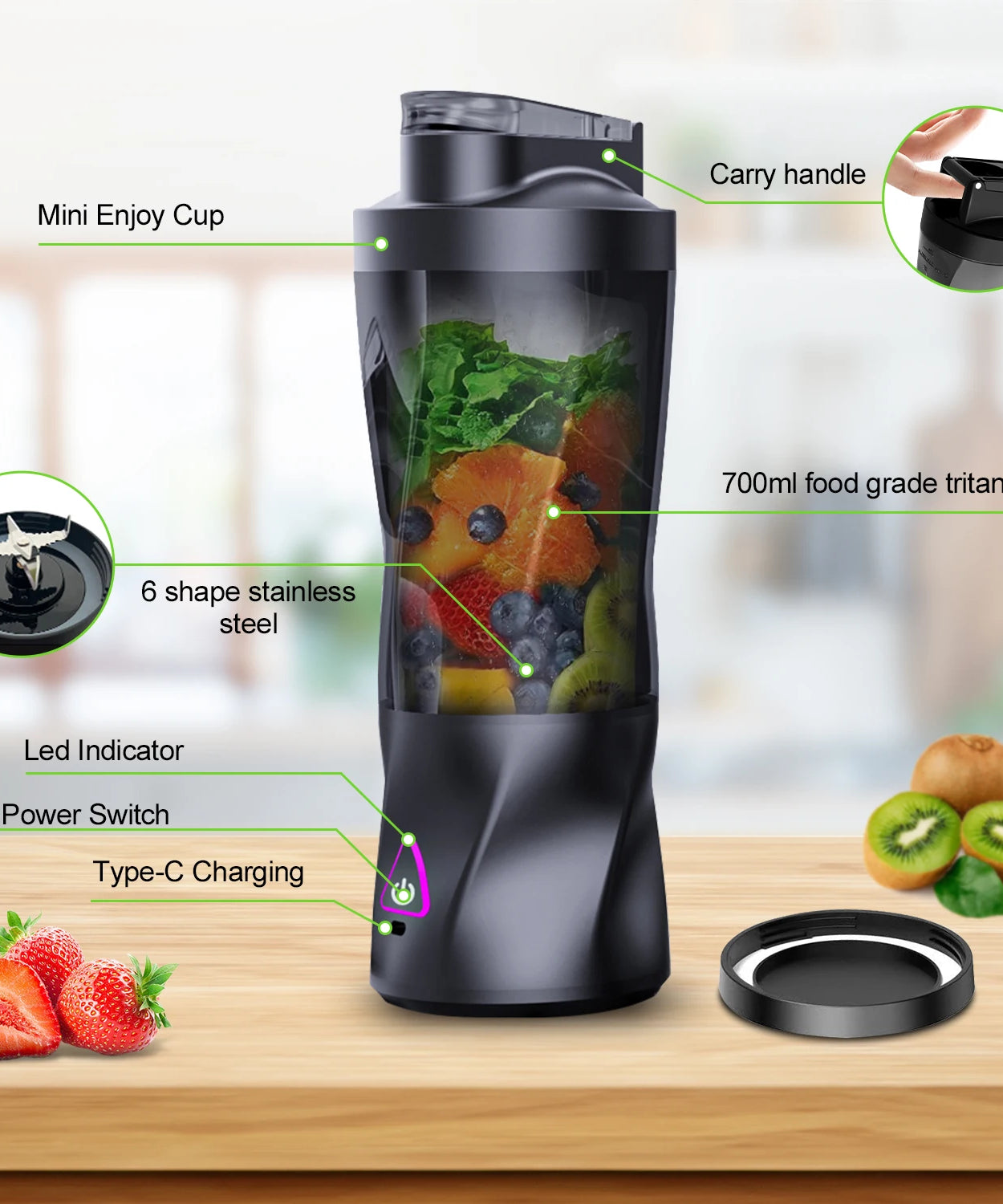 Electric Portable Juicer Fresh Fruit Mixer 700ML Multifunctional USB Rechargeable Shakes Smoothie Blender Outdoor Mixing Cup