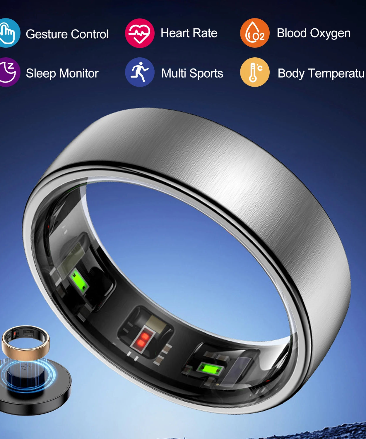 Uhoofit R10 Smart Ring with Charging Case Men Women Health Heart Rate Sleep Monitor IP68 & 5ATM Waterproof Multi-sport Mode