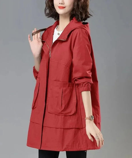 2024 Women Trench Coat With Hooded Tops Autumn New Coat Long-Sleeved Loose Mid-Length Outerwear Female Windbreaker