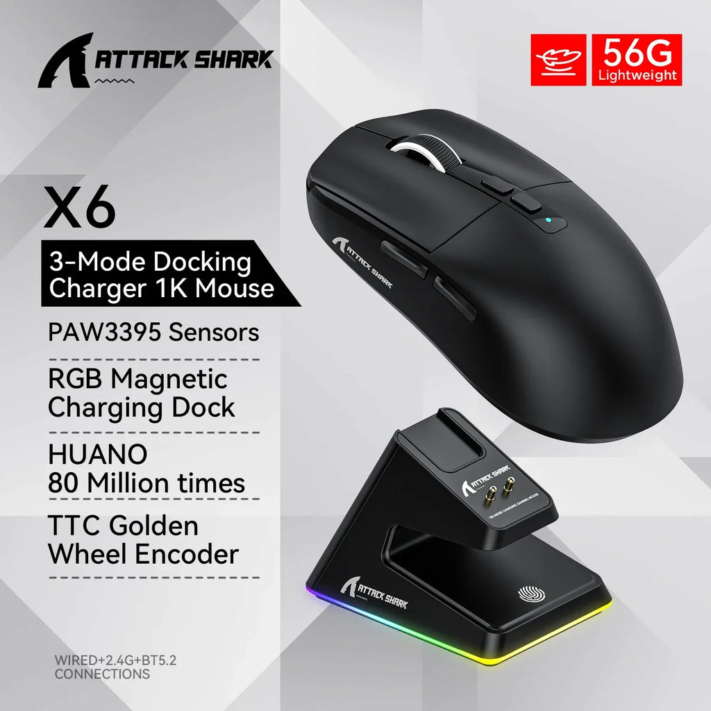 Attack Shark X6 Wireless Ergonomic Gaming Mouse Adjustable DPI Wired 2.4G/Bluetooth High Precision Rechargeable Mice