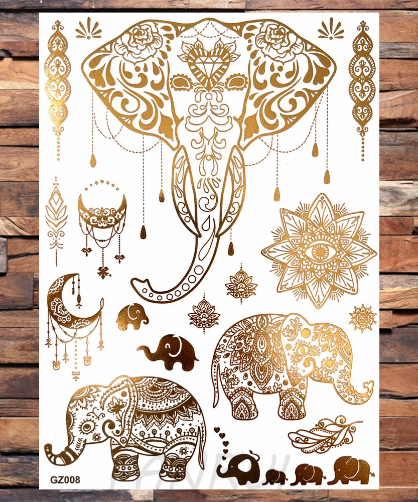 Sexy Sun Moon Star Temporary Tattoo Women Party Body Arm Art Fake Flash Tatoos Gold Metallic Tattoo Stickers Girl Bracelet Wrist