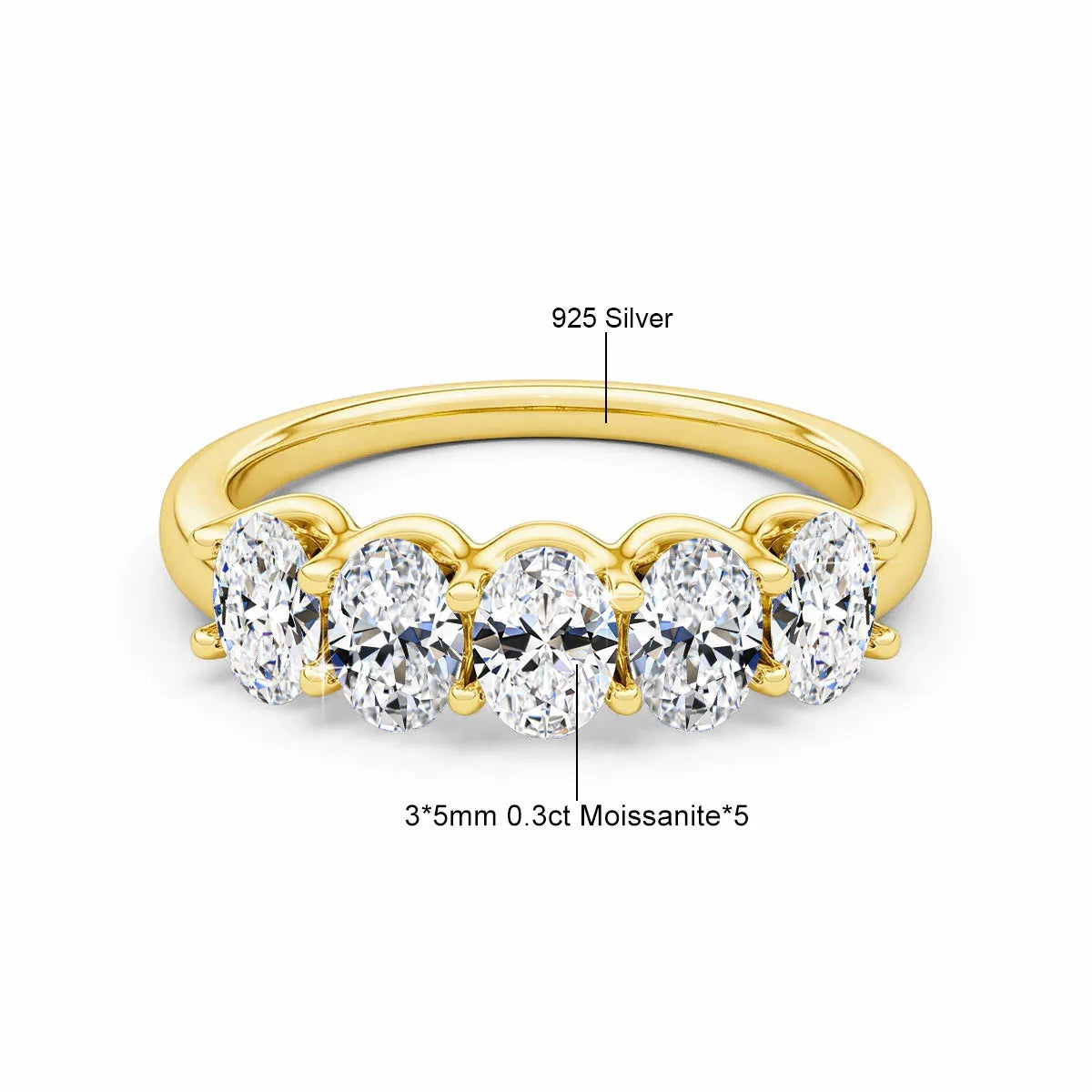 Oval 14K Yellow Gold Engagement Ring GRA Certified Moissanite Row Band 5 Stone 1.5ctw 100% Authentic for Women Wedding Jewelry