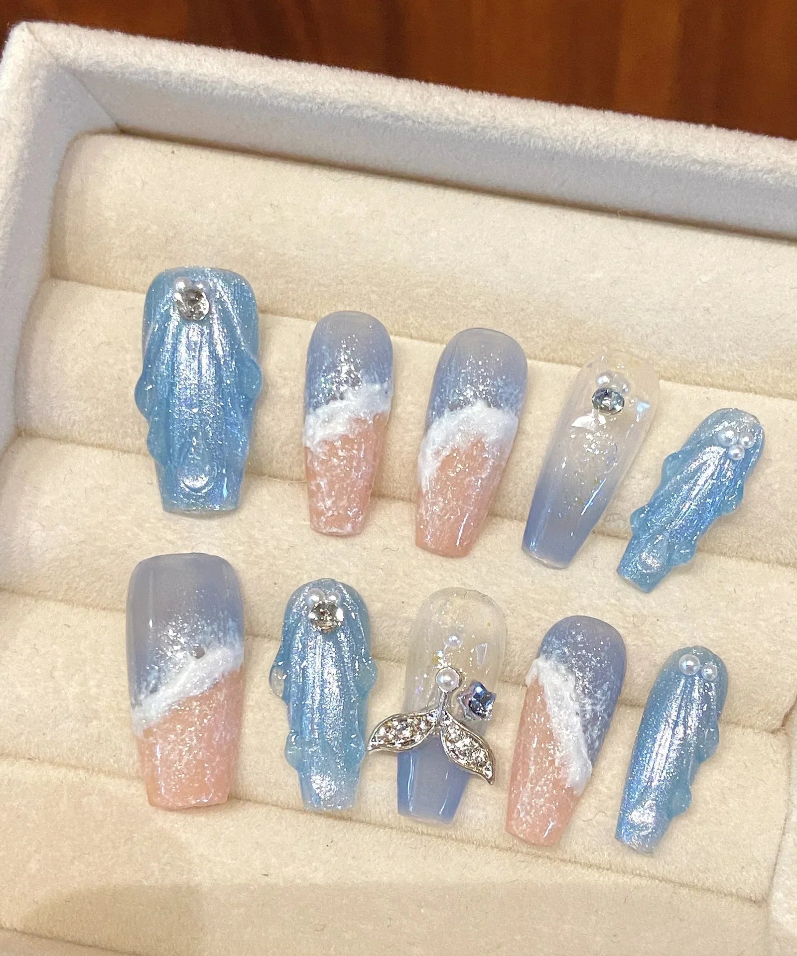 10Pcs Handmade Press on Nails Long Ballet Blue Fake Nails with 3D Ocean Moon Rhinestone Design False Nails Full Cover Nail Tips