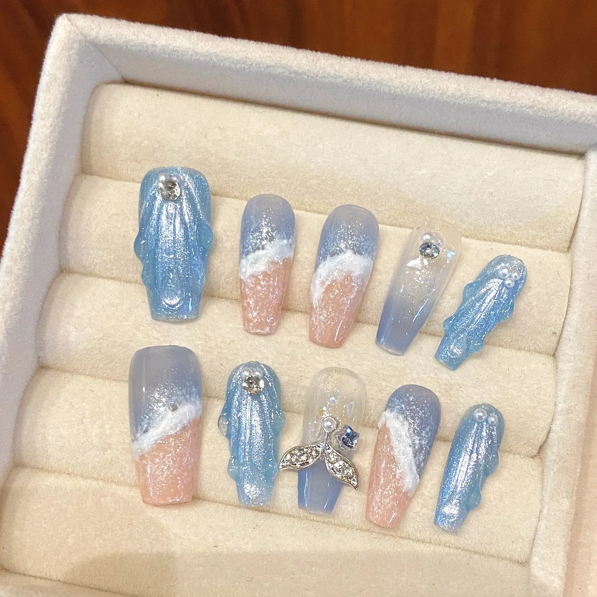10Pcs Handmade Press on Nails Long Ballet Blue Fake Nails with 3D Ocean Moon Rhinestone Design False Nails Full Cover Nail Tips