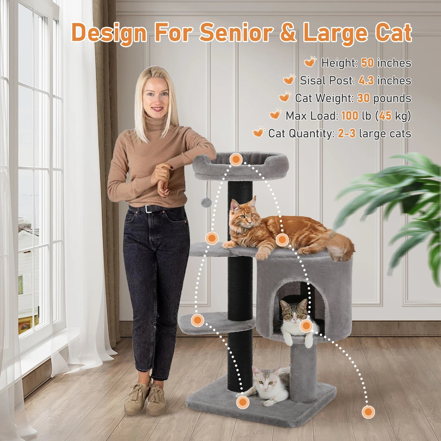 Large Cat Tree with Thick Scratching Posts, Heavy-Duty Cat Tree for Large Adult Cats, Spacious Cat Condo for Big Cats, Cat Toys